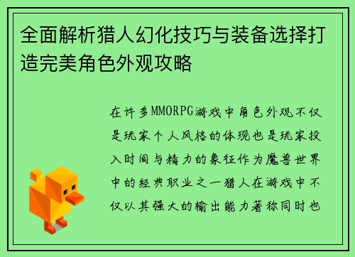 全面解析猎人幻化技巧与装备选择打造完美角色外观攻略