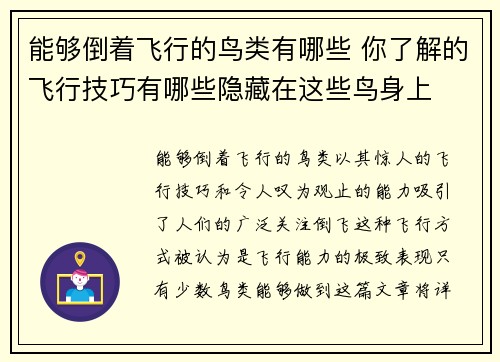 能够倒着飞行的鸟类有哪些 你了解的飞行技巧有哪些隐藏在这些鸟身上